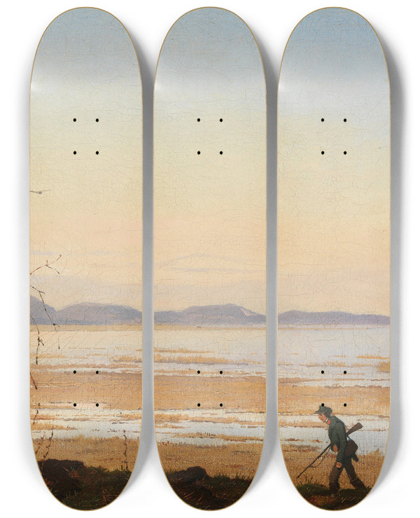 Triptych art skateboard deck of Johan Thomas Lundbye An Evening Beside Lake Arres_1 by Johan Thomas Lundbye (1818-1848)