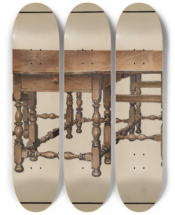 Triptych art skateboard deck of Fletcher Hanks Gateleg Table by Fletcher Hanks