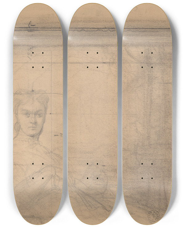 Triptych art skateboard deck of Jzef Simmler The Upper Part Of The Sketch To The Portrait Of Emilia Wodkowska by Jozef Simmler (1823-1868)