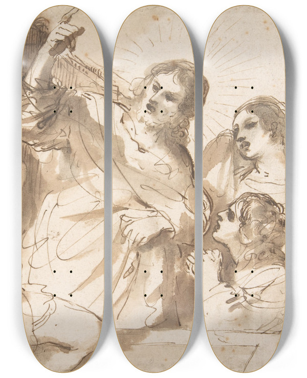 Triptych art skateboard deck of Guercino The Raising Of Lazarus by Guercino (1591-1666)