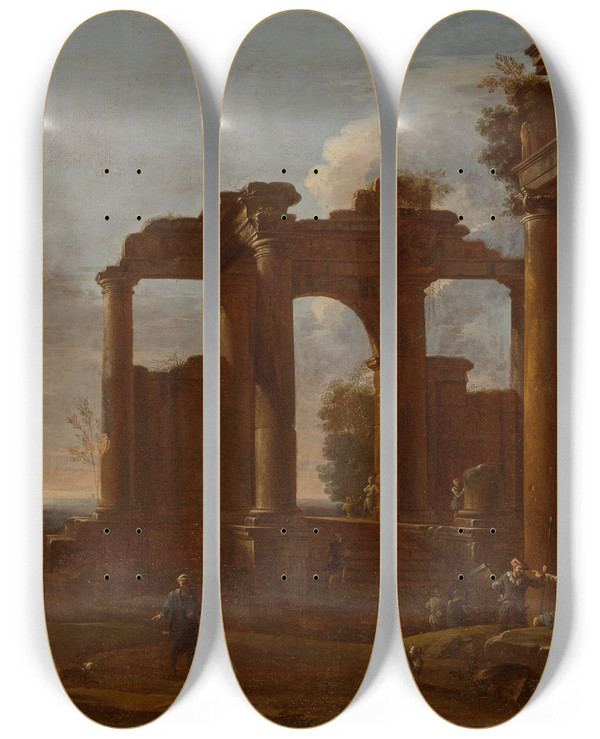 Triptych art skateboard deck of Giovanni Ghisolfi Two Classical Temples In Ruins With Statue Basrelief And Figures by Giovanni Ghisolfi (1623-1683)