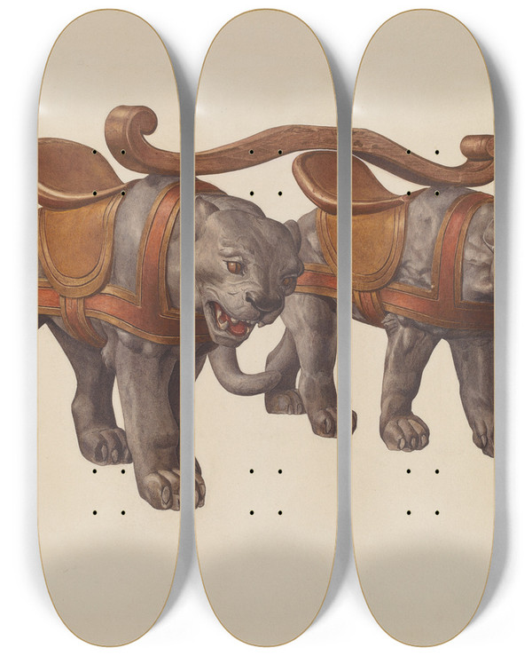Triptych art skateboard deck of Dorothy Handy Carousel Panthers by Dorothy Handy