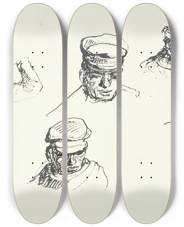 Triptych art skateboard deck of Peter Hansen Studier Af Italiensk Bondes Hoved by Peter Hansen (1868-1928)