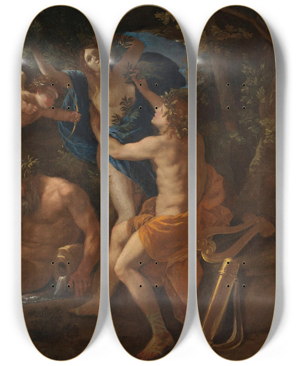 Triptych art skateboard deck of Nicolas Poussin Apollo And Daphne by Nicolas Poussin (1594-1665)