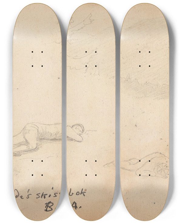 Triptych art skateboard deck of Hans Gude To Liggende Figurer To Mannsfigurer I Fjellet Detalj by Hans Gude (1825-1903)