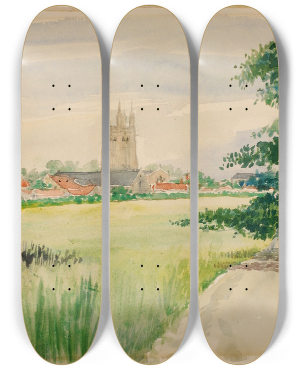 Triptych art skateboard deck of Cass Gilbert Wells Cathedral England by Cass Gilbert (1859-1934)