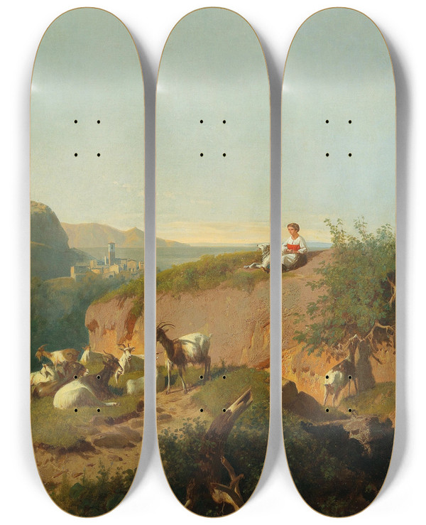 Triptych art skateboard deck of Andrs Mark Southern Landscape With Goats And Shepherd by Andras Marko (1824-1895)