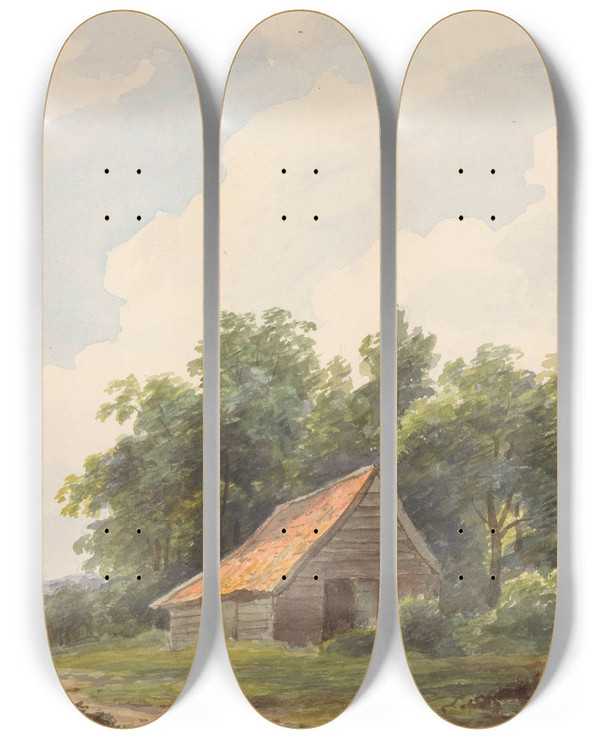 Triptych art skateboard deck of Andreas Schelfhout Landschap Met Schuur En In De Verte Een Herder Met Schapen by Andreas Schelfhout (1787-1870)