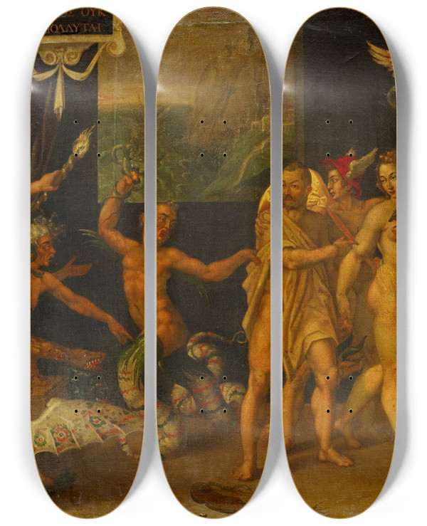 Triptych art skateboard deck of Hans Bock The Elder The Calumny Of Apelles by Hans Bock The Elder (1550-1624)
