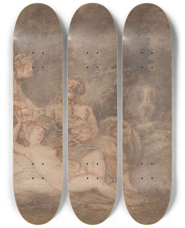 Triptych art skateboard deck of Antoine Pesne Lot And His Daughters by Antoine Pesne (1683-1757)