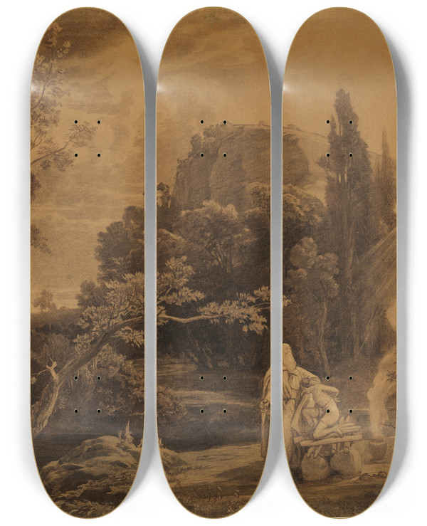Triptych art skateboard deck of Johann Wilhelm Schirmer Die Opferung Isaaks 1 Mose 22 1112 by Johann Wilhelm Schirmer (1807-1863)