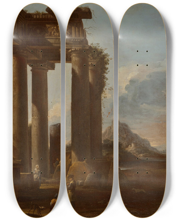 Triptych art skateboard deck of Giovanni Ghisolfi A Ruined Classical Temple Of The Tuscan Order With Figures by Giovanni Ghisolfi (1623-1683)