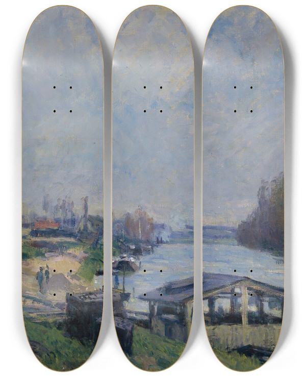 Triptych art skateboard deck of Alfred Sisley Le Lavoir De Billancourt by Alfred Sisley (1840-1899)