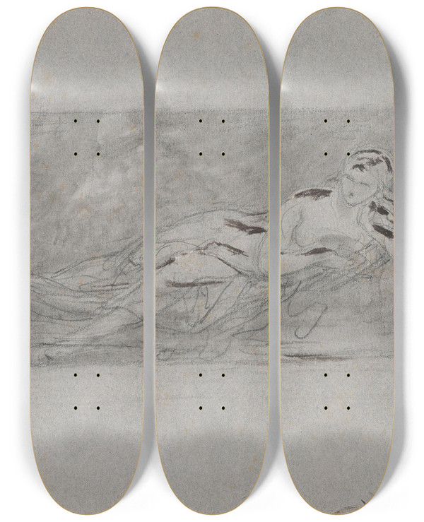 Triptych art skateboard deck of Nicaise De Keyser Lying Nude by Nicaise De Keyser (1813-1887)