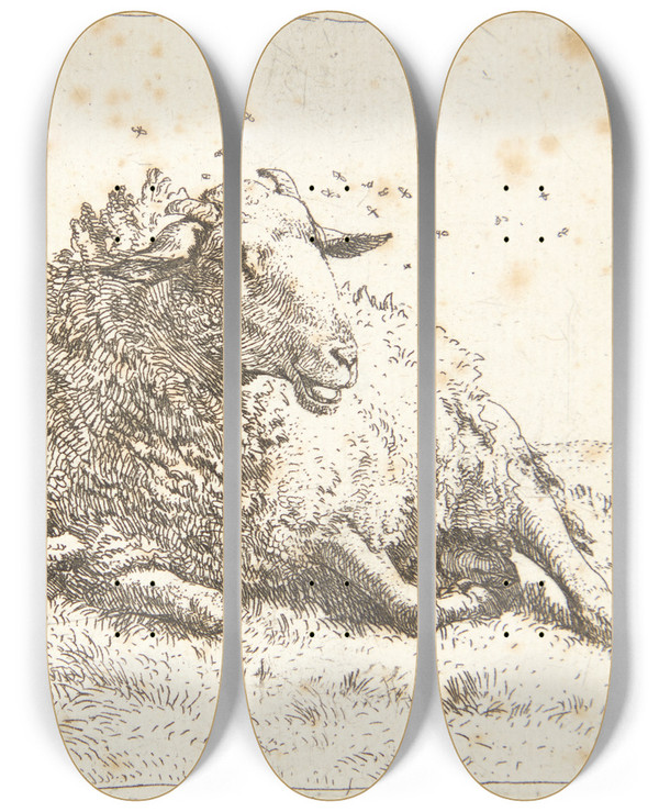 Triptych art skateboard deck of Karel Dujardin Liggende Fr Ved En Trstub by Karel Dujardin (1622-1678)