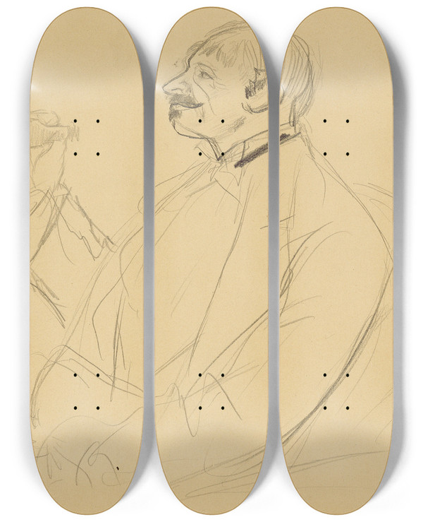 Triptych art skateboard deck of Edgar Degas Opera Fan And Ernest Reyer by Edgar Degas (1834-1917)
