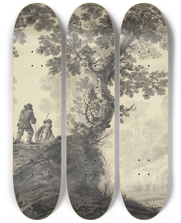 Triptych art skateboard deck of Jeanbaptiste Pillement Waldlandschaft Links Auf Einer Anhhe Zwei Wanderer by Jean-Baptiste Pillement (1728-1808)