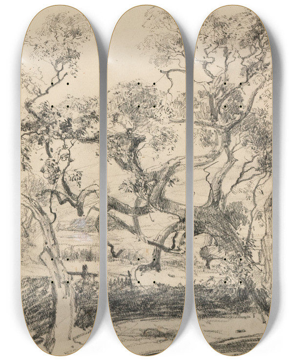 Triptych art skateboard deck of Louis Buvelot Toollern Creek Melton by Louis Buvelot (1814-1888)