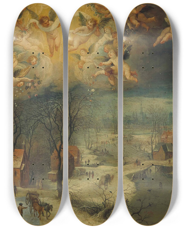 Triptych art skateboard deck of Jan Brueghel The Elder A Winter Landscape With Villagers Gathering Wood And Skaters On A Frozen River Putti Scattering Flowers Above by Jan Brueghel The Elder (1568-1625)