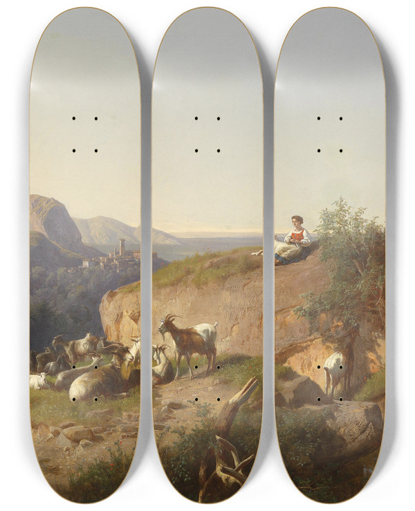 Triptych art skateboard deck of Andrs Mark Ziegenhirtin Mit Herde by Andras Marko (1824-1895)