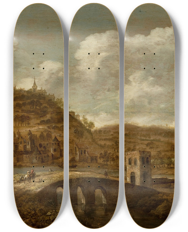 Triptych art skateboard deck of Dionijs Verburg Mountain Landscape With A Bridge by Dionijs Verburg (1655-1722)
