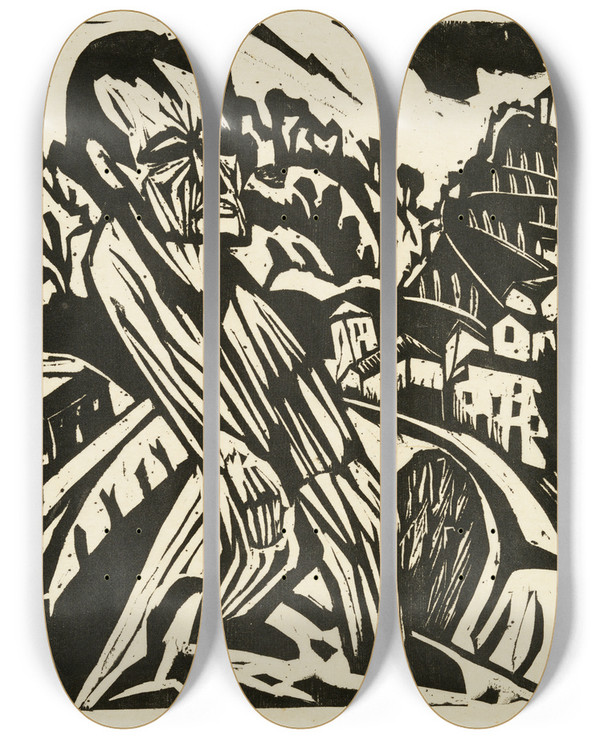 Triptych art skateboard deck of Hermann Scherer Figur In Landschaft Selbstbildnis by Hermann Scherer (1893-1927)
