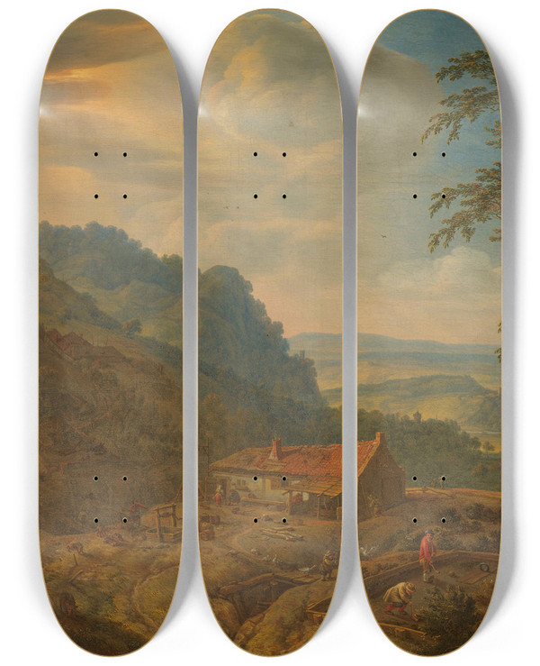 Triptych art skateboard deck of Herman Saftleven Mountainous Landscape With Farm by Herman Saftleven (1609-1685)