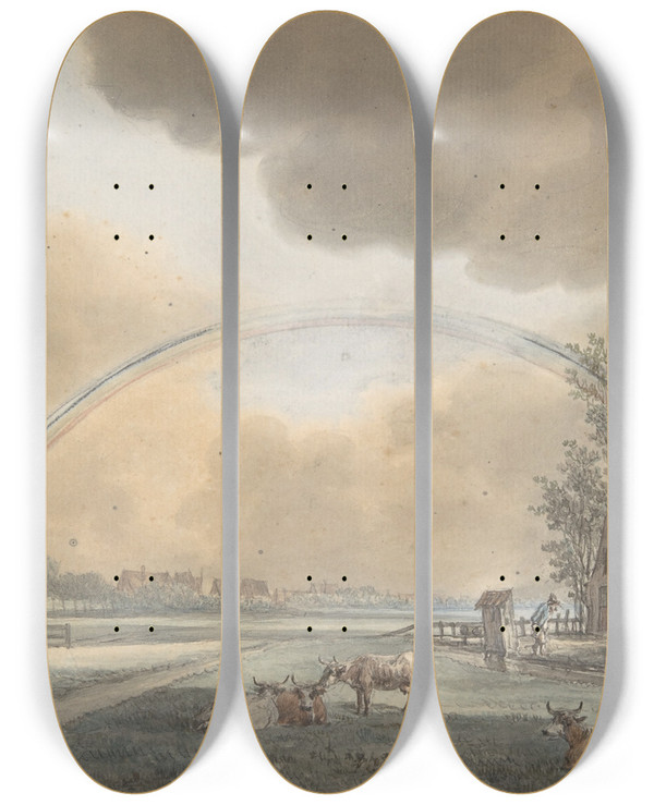 Triptych art skateboard deck of Vincent Jansz Van Der Vinne Landscape With A Rainbow Over A Farmhouse And Distant Village by Vincent Jansz. van der Vinne (1736-1811)