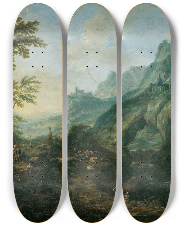 Triptych art skateboard deck of Maximilian Joseph Schinnagl Ideale Berglandschaft Mit Gehft by Maximilian Joseph Schinnagl (1697-1762)