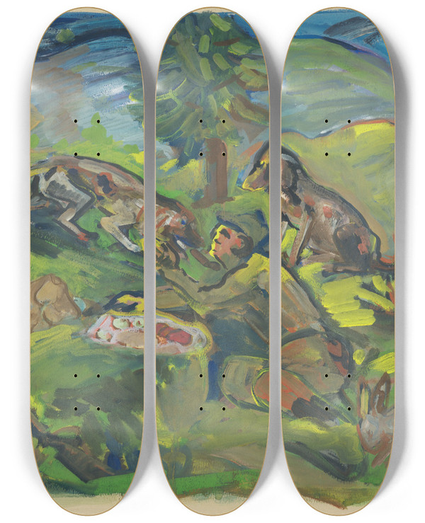 Triptych art skateboard deck of Arnold Peter Weiszkubnan Hunting Motif_1 by Arnold Peter Weisz-Kubnan (1898-1944)