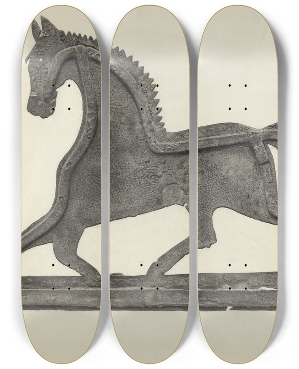 Triptych art skateboard deck of Herman Bader Weather Vane Horse by Herman Bader