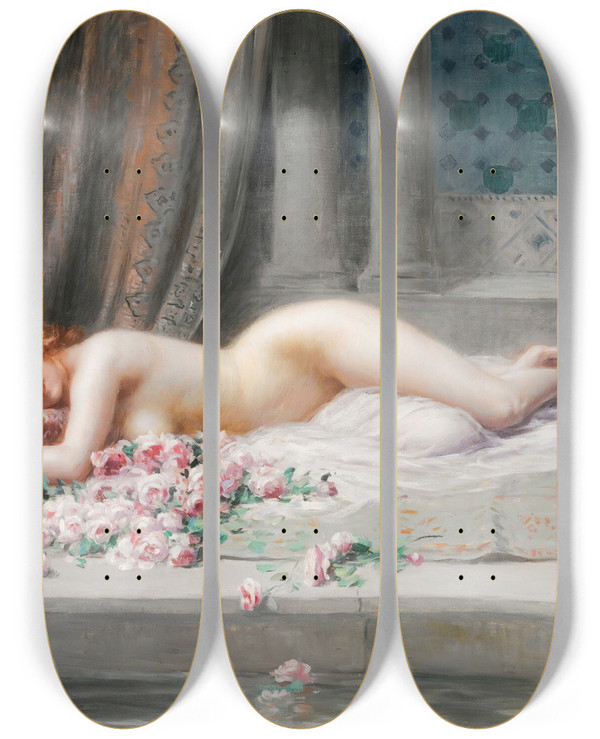 Triptych art skateboard deck of Delphin Enjolras Nu Allong by Delphin Enjolras (1857-1945)