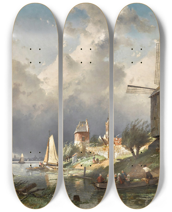Triptych art skateboard deck of Charles Leickert River Landscape With Windmill by Charles Leickert (1816-1907)