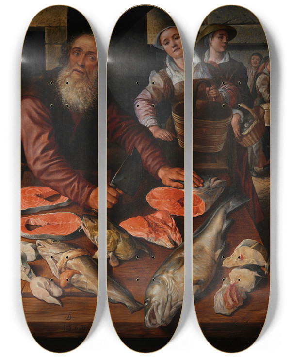 Triptych art skateboard deck of Joachim Beuckelaer Fish Market_1 by Joachim Beuckelaer (1530-1574)