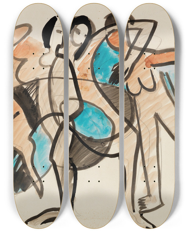 Triptych art skateboard deck of Ernst Ludwig Kirchner Tanzgruppe by Ernst Ludwig Kirchner (1880-1938)