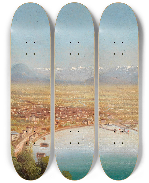 Triptych art skateboard deck of Hubert Sattler Blick Auf Bregenz by Hubert Sattler (1817-1904)