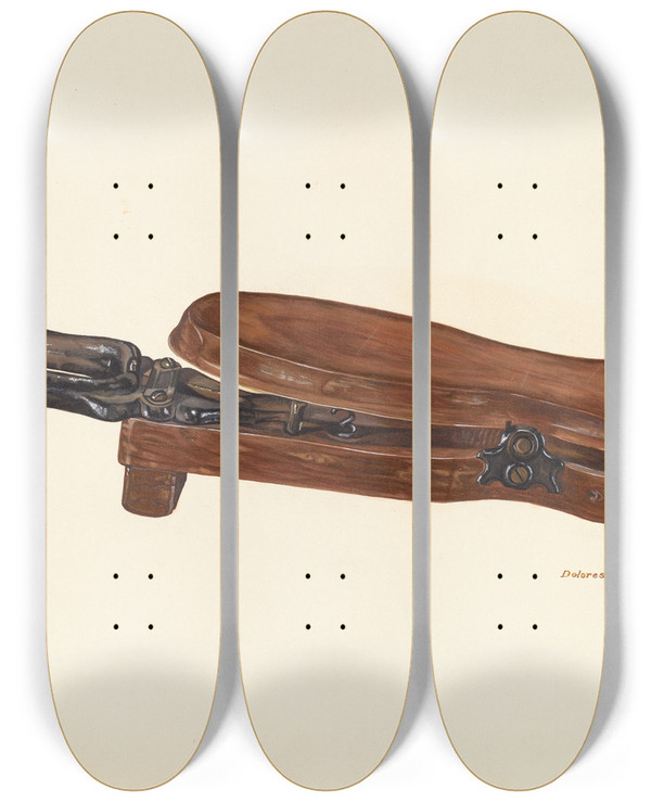 Triptych art skateboard deck of Dolores Haupt Bootjack by Dolores Haupt