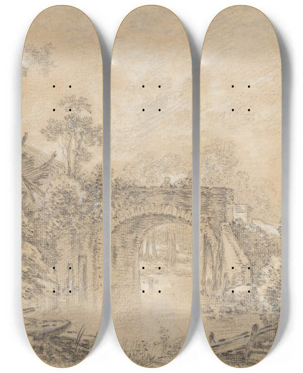 Triptych art skateboard deck of Franois Boucher Landscape With A Rustic Bridge by Francois Boucher (1703-1770)