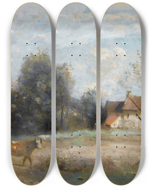 Triptych art skateboard deck of Jeanbaptistecamille Corot Luzancy Petites Maisons De Paysans Au Bord De Leau by Jean-Baptiste-Camille Corot (1796-1875)