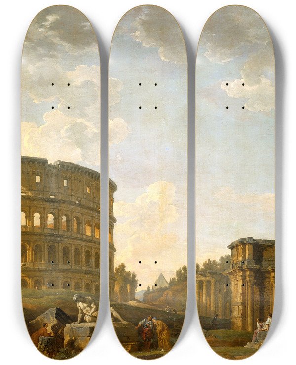Triptych art skateboard deck of Giovanni Paolo Panini Roman Capricciothe Colosseum And Other Monuments by Giovanni Paolo Panini (1691-1765)
