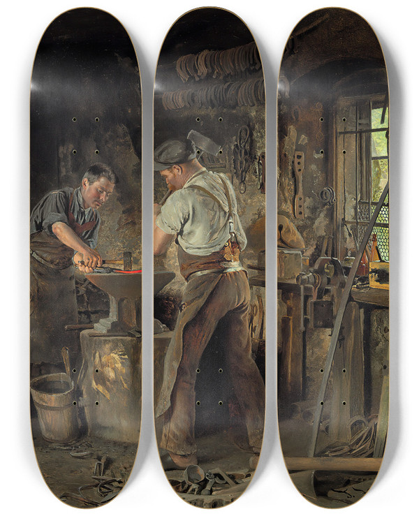 Triptych art skateboard deck of Johann Hamza The Blacksmiths Forge by Johann Hamza (1850-1927)