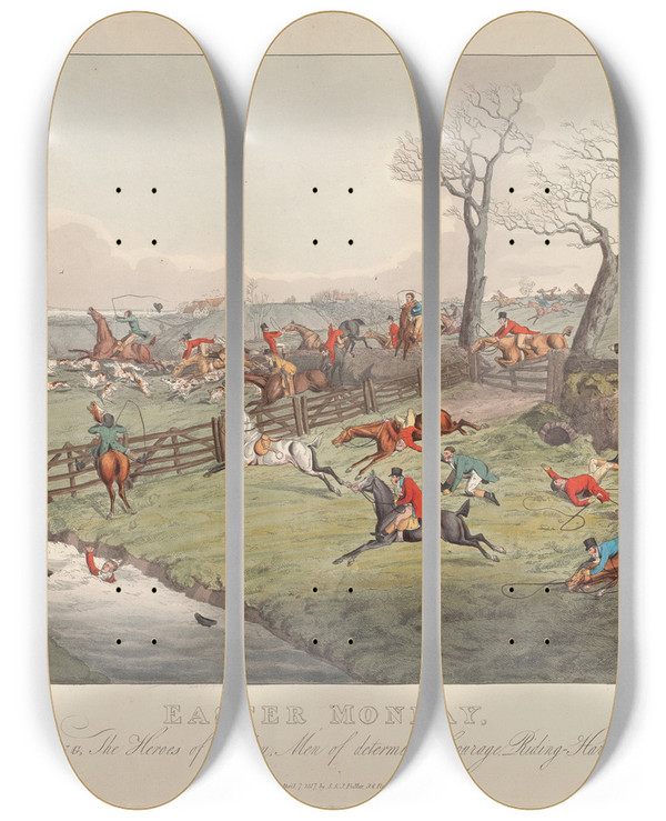 Triptych art skateboard deck of Henry Thomas Alken Easter Monday Stag Hunting A View Near Epping by Henry Thomas Alken (1785-1851)