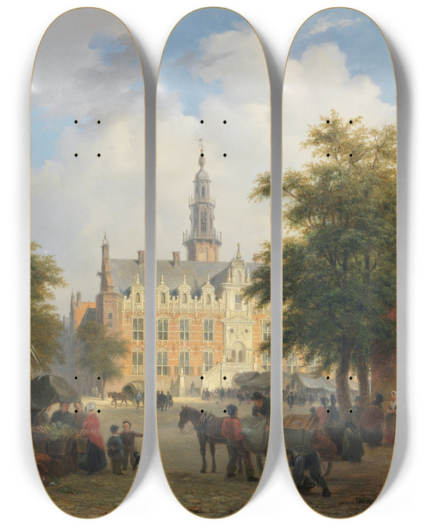 Triptych art skateboard deck of Bartholomeus Johannes Van Hove Street Scene Amsterdam by Bartholomeus Johannes Van Hove (1790-1880)