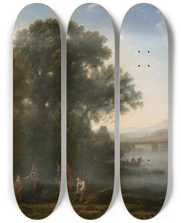 Triptych art skateboard deck of Claude Lorrain The Ford by Claude Lorrain (1604-1682)