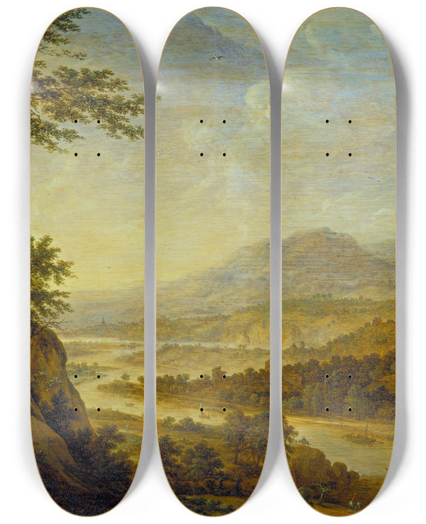 Triptych art skateboard deck of Herman Saftleven Iii River Landscape With Rise Of Cliffs by Herman Saftleven Iii (1609-1685)