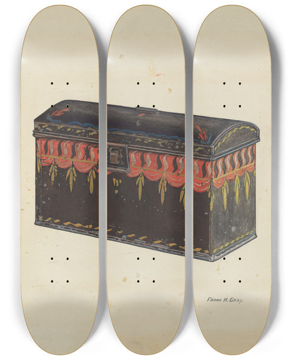 Triptych art skateboard deck of Frank Gray Toleware Tin Box by Frank Gray