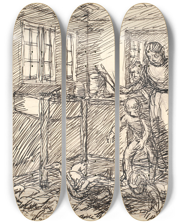 Triptych art skateboard deck of Fritz Syberg Konen Skreg by Fritz Syberg (1862-1939)