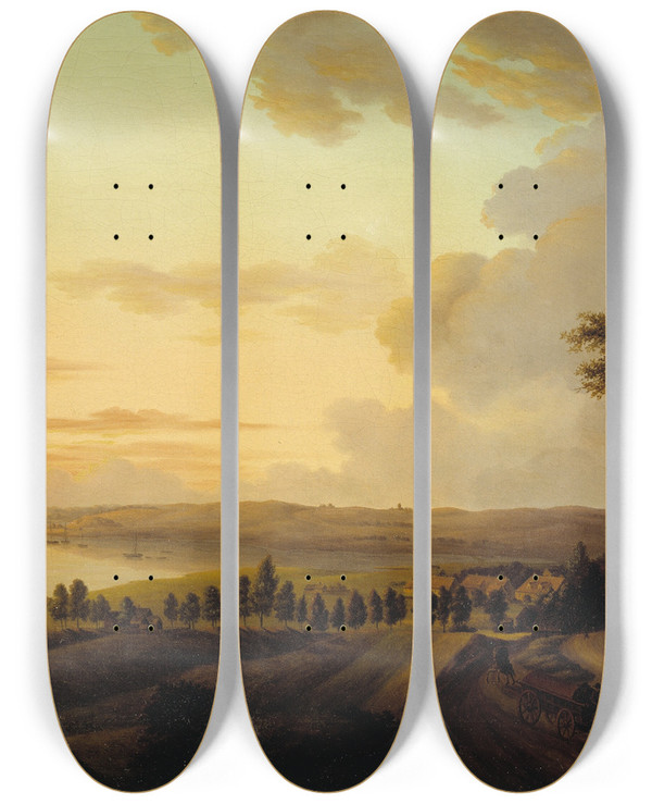 Triptych art skateboard deck of Christian Heinrich Grosch Sjllandsk Landskab Aften by Christian Heinrich Grosch (1801-1865)