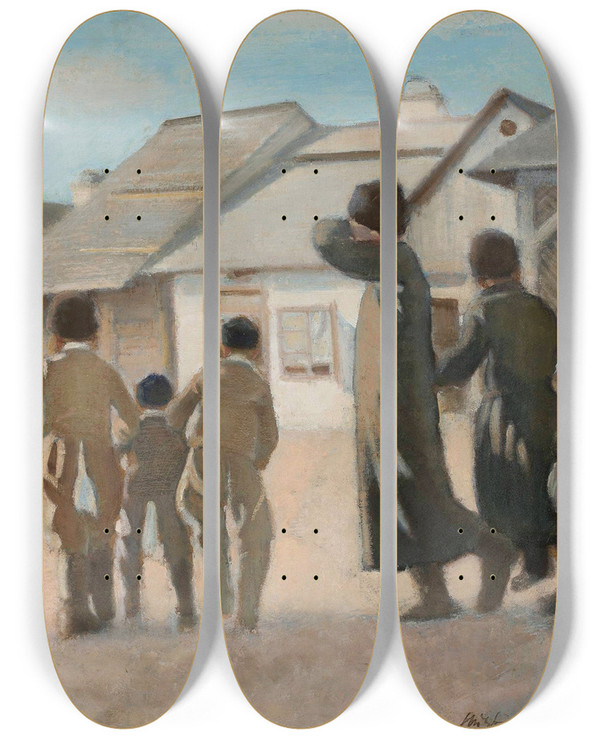 Triptych art skateboard deck of Stanisaw Dbicki To The Cheder by Stanislaw Debicki (1866-1924)