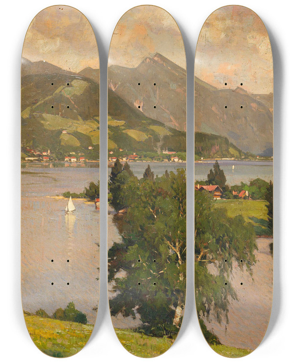 Triptych art skateboard deck of Otto Strtzel Blick Auf Den Tegernsee Von Westen Aus by Otto Strutzel (1855-1930)